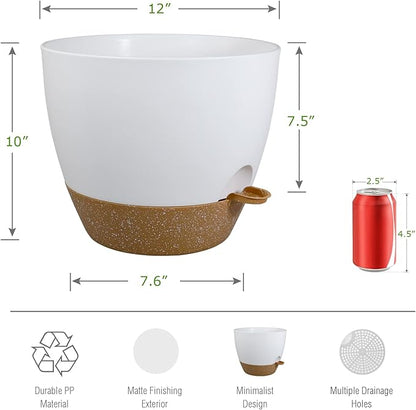 UOUZ 12inch 2Pack Large Self Watering Planters, Plastic Plant Pots with 60oZ Removable Deep Reservoir and Multi Mesh Drainage Holes for Indoor Outdoor Garden Plants and Flowers, White with Brown