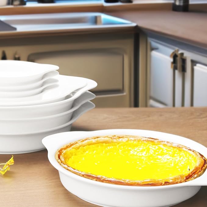 Round Au Gratin Baking Dishes, Set of 4, Porcelain Baking Dish Oven Safe Roasting Lasagna Pan, Ceramic Bakeware Ideal for Crème Brulee Casserole, Lasagna, Gratin, Broiling, Roasting, and