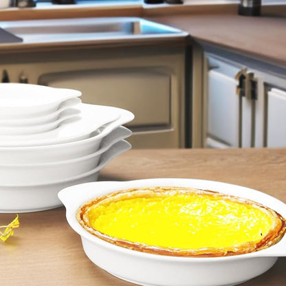 Round Au Gratin Baking Dishes, Set of 4, Porcelain Baking Dish Oven Safe Roasting Lasagna Pan, Ceramic Bakeware Ideal for Crème Brulee Casserole, Lasagna, Gratin, Broiling, Roasting, and