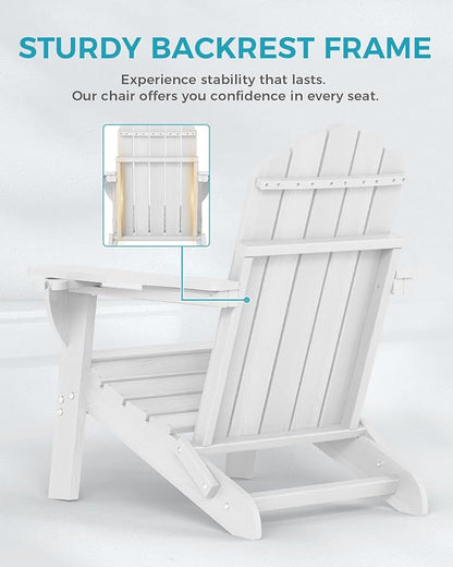 Adirondack Chairs Set of 2, Wood Texture Fire Pit Chairs, Plastic Adirondack Chairs with 2 Cup Holder, Outdoor Lawn Chair for Patio Garden, White