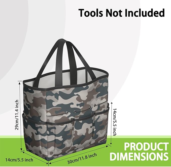 Green Camo Garden Tool Bag - Waterproof Garden Tote with 8 Pockets, Large Storage Home Organizer Gardening Tool Oxford Bag for Garden Tools Kits Holder, Ideal Outdoor Gardening Gift for Women & Men