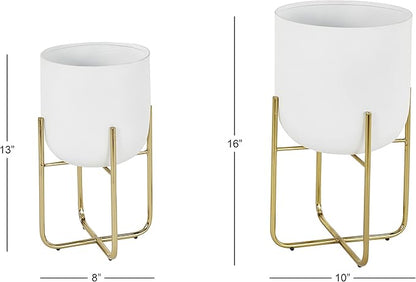 Deco 79 Metal Indoor Outdoor Planter Large Planter Pot with Removable Gold Stand, Set of 2 Planters 16", 13"H, White