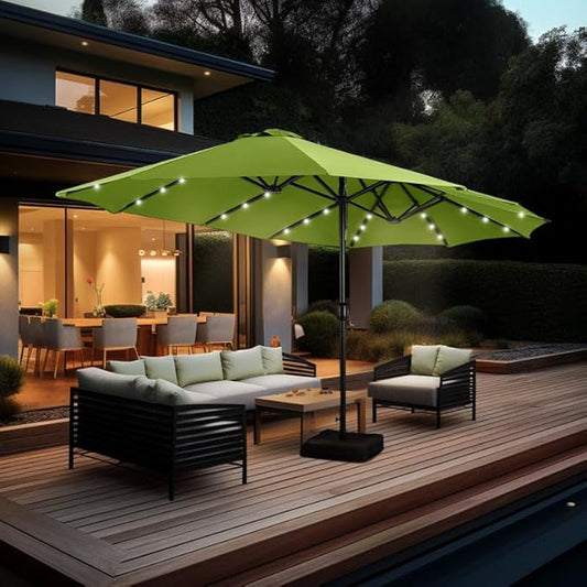 GREEN PARTY 15 ft Rectangle Patio Umbrella with Solar Lights and Base Included, Double-Sided Market Table Umbrella with Crank, Large Outdoor Umbrellas for Patio Poolside Garden Backyard, Lime Green