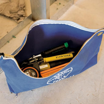 Klein Tools 5539LBLU Zipper Bag, Large 16-Inch Canvas Tool Pouch for Tool Storage with Brass Zipper, and Grommet for Hanging, Blue (Pack of 3)