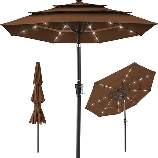 Best Choice Products 10ft 3-Tier Solar Patio Umbrella, Outdoor Market Sun Shade for Backyard, Deck, Poolside w/ 24 LED Lights, Tilt Adjustment, Easy Crank, 8 Ribs - Brown