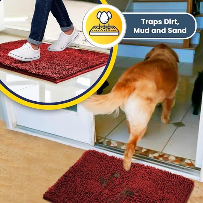 Muddy Mat® | Super Water Absorbent Door Mat Indoor, Microfiber Quick Dry Chenille Entryway Rug, Slip Resistant Front Door Mat, Indoor Mats for Entryway, Machine Washable Pet Rug, Red 36" x 120"