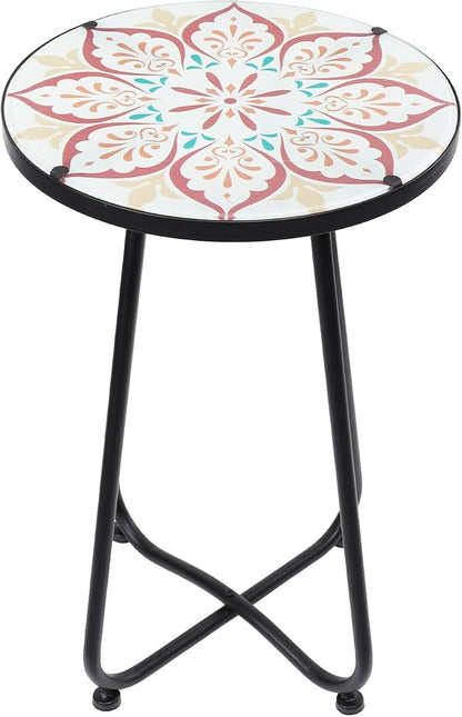 VCUTEKA Patio Side Table Outdoor Accent Table Bistro Coffee Table Plant End Table Small Porch Table Indoor Round Glass Balcony Plant Table Stands Khaki Flower 12 inches