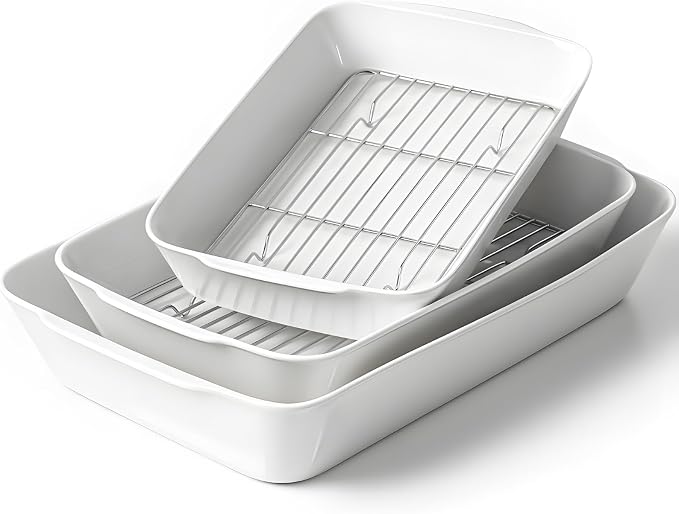 HOMBENE Casserole Dishes for Oven, Ceramic Baking Dishes Set of 3 with Roasting Racks, Rectangular Lasagna Pan with Handles for Baking, Gift, Dinner Microwave Oven Safe (2QT/3QT/4.2QT)