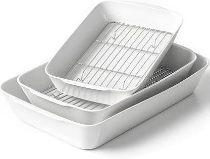 HOMBENE Casserole Dishes for Oven, Ceramic Baking Dishes Set of 3 with Roasting Racks, Rectangular Lasagna Pan with Handles for Baking, Gift, Dinner Microwave Oven Safe (2QT/3QT/4.2QT)