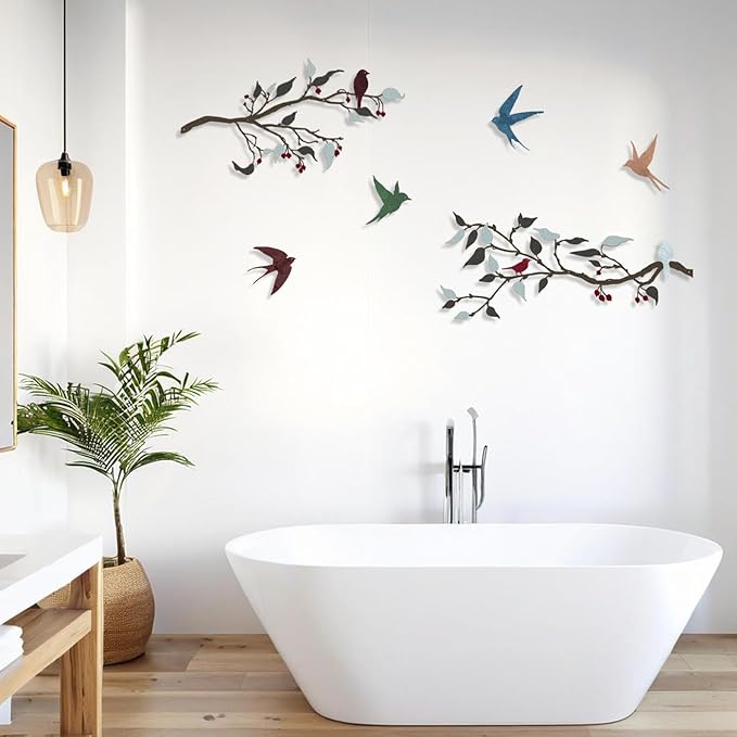 Harikikochuu 4PCS Metal Birds Wall Decor, Birds on the Branch Silhouette Art, Metal Leaves with Bird Outdoor Hanging Wall Sculpture for Home Office Balcony Garden Decor.（Colorful,Swallow）