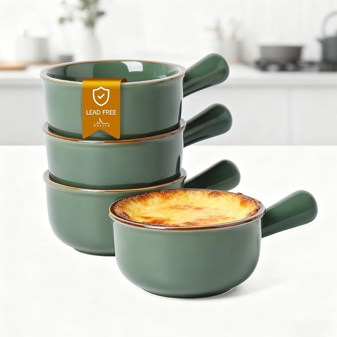 MONITO 26 Oz French Onion Soup Bowls, Ceramic Soup Bowls with Handles, Stackable Soup Crocks, Oven/Microwave/Dishwasher Safe, for Cereal, Soups, Casseroles, Forest Green