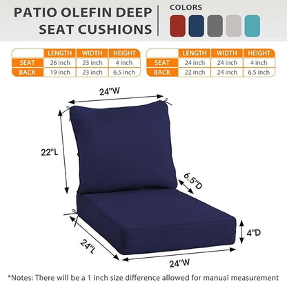 Sundale Outdoor Olefin Deep Seat Cushion, Patio Chair Cushion and Pillow, Water-Resistant Sectional Sofa Pad with Straps Navy Blue, 24 x 24 x 4 Inches
