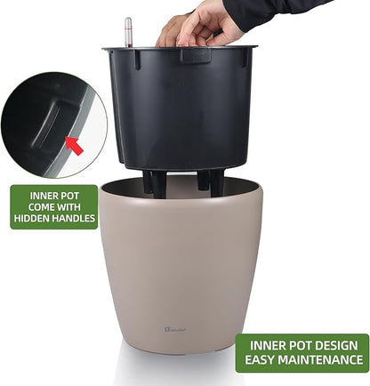 Dexceder 11x10 Inches Self Watering Planter Indoor Outdoor, Inner Pot Design, Thickened Table Flower Plant Pot with Water Level Indicator (Taupe Matte)