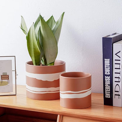 Nihow Modern Ceramic Plant Pot - 5 + 7 Inch Flower Pot for All Indoor Plants - Sturdy Planter Pots with Drainage Hole & Rubber Plugs - Semi-Matte Terracotta & Nature - Plants Not Included