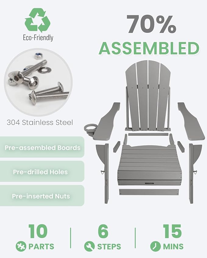 Ciokea Folding Adirondack Chair 2 Pack, Patio Adirondack Chair Weather Resistant, Plastic Fire Pit Chair with Cup Holder, Lawn Chair for Outdoor Porch Garden Backyard Deck (Grey)