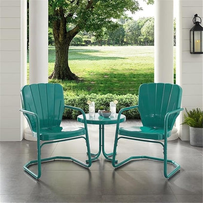 Crosley Furniture Ridgeland 3-Piece Outdoor Chair and Side Table Set, Retro Metal Bistro Patio Sets for Deck, Turquoise