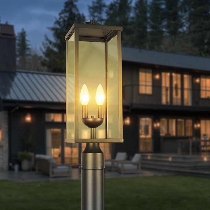 Outdoor Post Light Fixture, 20 Inch Tall Modern Exterior Square Pillar Lantern with Black Finish & Clear Glass, Transitional Pier Mount Lamp, Pole Light for Garden, Backyard, Patio, Pathway