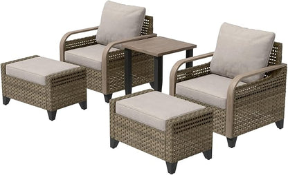 Modern Wicker Bistro Table and Chairs Set, Rattan Outdoor Bistro Set with Patio Chairs, Ottomans & Table, 5 Pieces, Brown/Gray