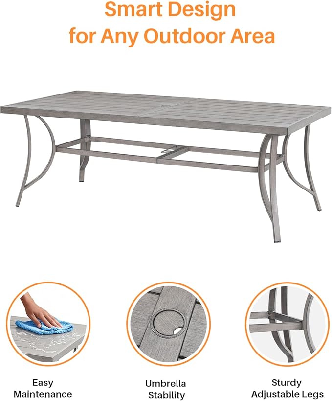 Aluminum Outdoor Dining Table for 8, 84" Rectangle Patio Dining Table with 2.2" Umbrella Hole, 8 Person Outdoor Dining Tables for Deck, Backyard, Garden, Poolside, Limed Oak