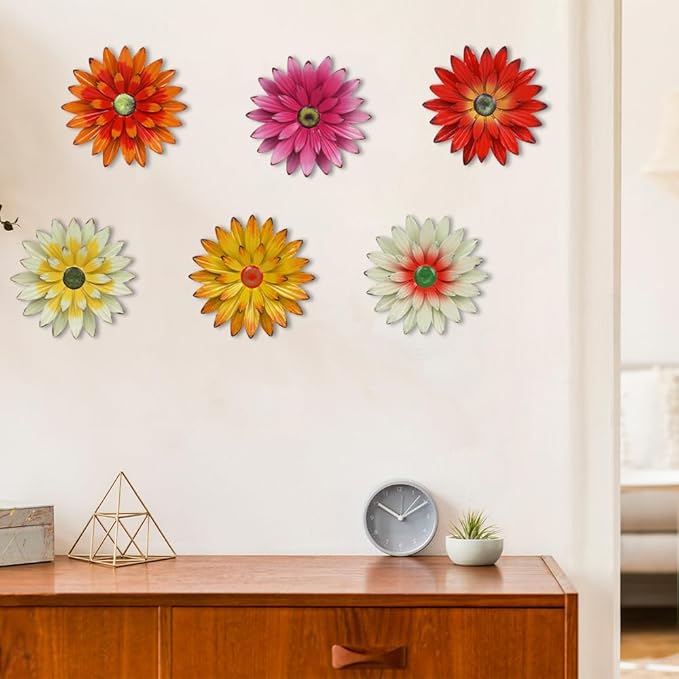 hogardeck Metal Flower Wall Decor - 6 PCS 6" Colorful Flower Decor for Indoor Outdoor, Sunflower Kitchen Decor Floral Metal Wall Art for Bathroom, Living Room, Porch, Garden, Yard