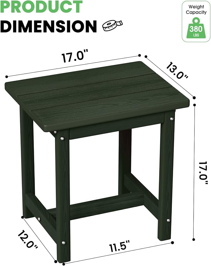 Outdoor Side Table – 17" HDPE Adirondack Side Tables, Sturdy Small Outdoor Porch Tables, Weather-Resistant & Easy Assembly Patio End Table for Garden, Balcony, Porch & Poolside (Green)