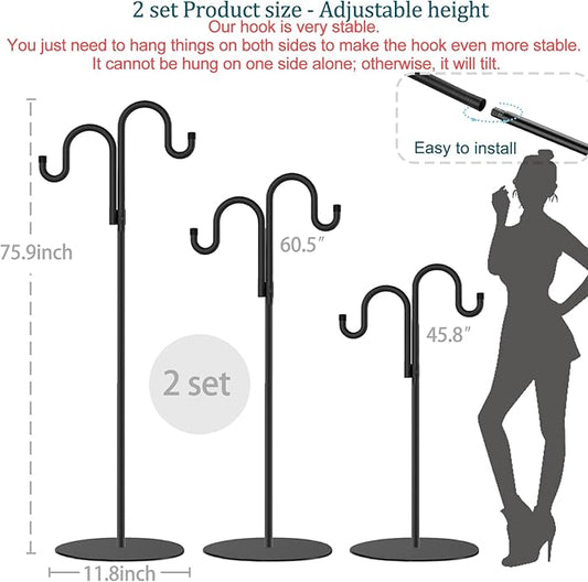 2 Set Shepherd's Hook Stand Plant，Bird Feeder，Wind Chime Hanger Stand, Waterproof Metal & Adjustable-Height Standing Pole Holder for Lantern and Wreath, Indoor & Outdoor