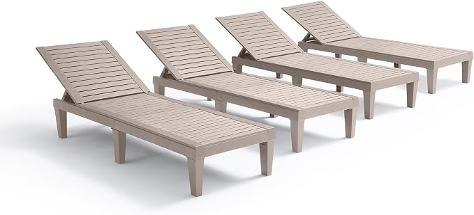 Nestl Lounge Chair Outdoor, Tanning Chair, Chaise Lounge Outdoor Set of 4 | 5 Adjustable Positions, Waterproof & Weatherproof Resin, Reclining & Lightweight, For Poolside, Beach, and Lawn, Sand Beige