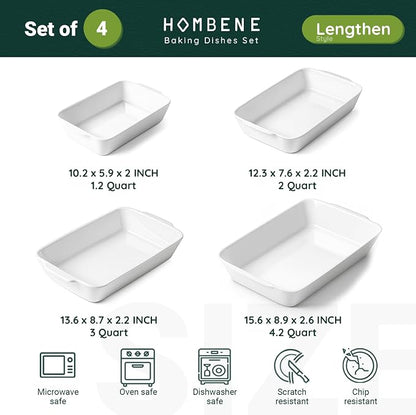 HOMBENE Baking Dish Set for 4, Ceramic Bakeware Sets with Handles, Casserole Dishes for Oven, Kitchen Decor, Microwave Oven Safe (1.2QT/2QT/3QT/4.2QT)