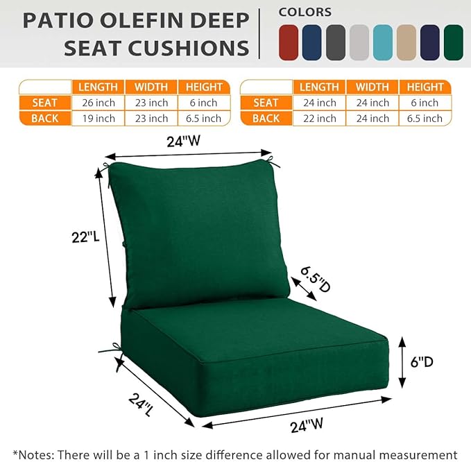 Sundale Outdoor Olefin Deep Seat Cushion, Patio Chair Cushion and Pillow, Water-Resistant Sectional Sofa Pad with Straps Dark Green, 24 x 24 x 6 Inches