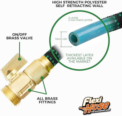 Flexi Hose with 8 Function Nozzle, 150FT - Lightweight Expandable Garden Hose, No-Kink Flexibility, 3/4 Inch Solid Brass Fittings and Double Latex Core - Black and Green