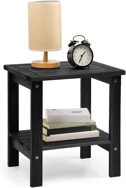 THYOI Premium Acacia Wood Outdoor Side Table, Adirondack Square Patio End Table with 2-Tier Storage Shelf, Weather-Resistant Small Table for Porch, Garden, Backyard, Poolside (Black)