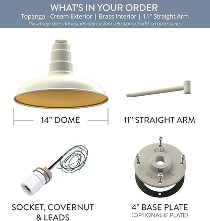 Steel Lighting Co. Topanga Barn Light | Outdoor Wall Mounted | 14 inch Dome | 11" Straight Arm | Farmhouse Garage Light Made in America | Cream Exterior/Brass Interior