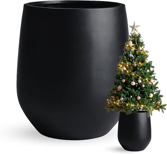 21"H x 19"D Corso Fiberstone Round Tapered Planter - Christmas Tree Planter, Smooth Finishes, Weather Resistant for Indoor & Outdoor Use, Included 2 Extra Coco Mats (Black, 15" Pot Opening)