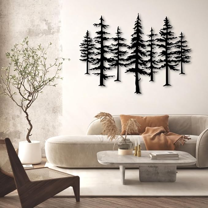 Pine Tree Metal Wall Art, Big Pine Trees Metal Wall Art, Metal Pine Tree Art, Metal Minimalist Pine Wall Decor, Nature and Forest Decor, Tree Decor Wall Hanging, Nature Lover Gift (33"x 24"| 86x62cm, Sliver)