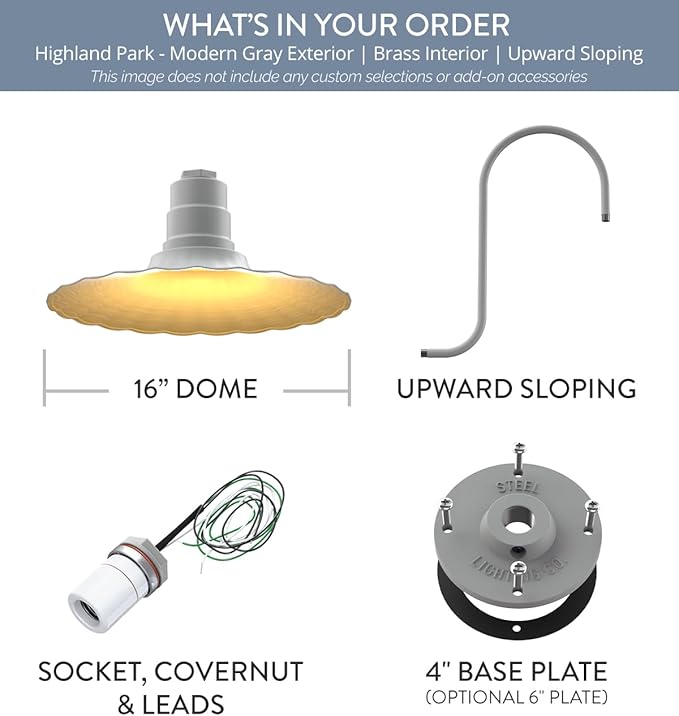 Steel Lighting Co. Highland Park Barn Light | Outdoor Wall Mounted | 16 inch Radial Wave | Upward Sloping Gooseneck | Vintage Style Made in America | Modern Gray Exterior/Brass Interior