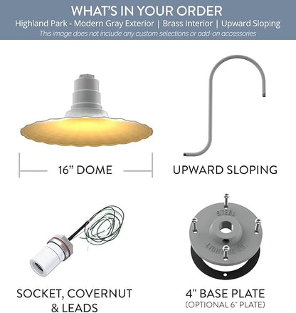 Steel Lighting Co. Highland Park Barn Light | Outdoor Wall Mounted | 16 inch Radial Wave | Upward Sloping Gooseneck | Vintage Style Made in America | Modern Gray Exterior/Brass Interior