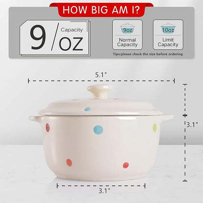 AVLA 4 Pack Porcelain Ramekins, 9 OZ Mini Casserole Bowl with Lid and Handle, Ceramic Souffle Soup Creme Brulee Bowls, Oven Safe, Mini Casserole Dish (Polka Dot, Assorted Color)