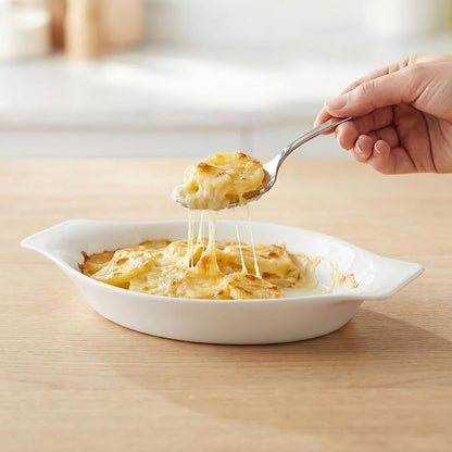 5 x 8 Inch Ceramic Oval Au Gratin Baking Dishes 12 OZ, Set of 4 Banana Split Bowls, for 1 or 2 Person Servings, Bakeware with Handle(10.3 IN) for Kitchen and Home, Oven & Microwave Safe