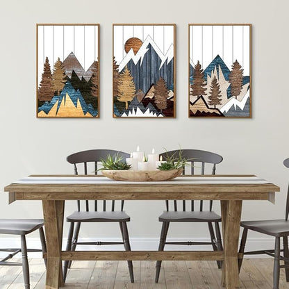 CHDITB Framed Canvas Mountain Wall Art Set, Country Woodcut Style Wall Decor, Forest Nature Wilderness Wall Painting, Modern Art Prints for Living Room, Bedroom, Farmhouse - Large Size 16"x24"x3