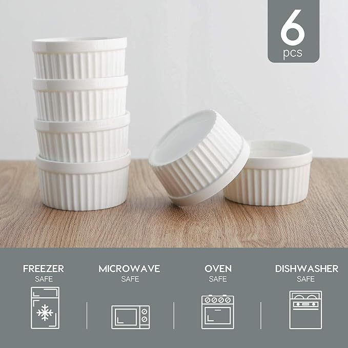 Samsle 6 oz Ramekins Set of 6, Porcelain Ramekins Dishes for Creme Brulee,Souffle, Lava Cakes, Pudding, Custard Cups for Baking and Dipping,Oven Safe, White 3.7 inch