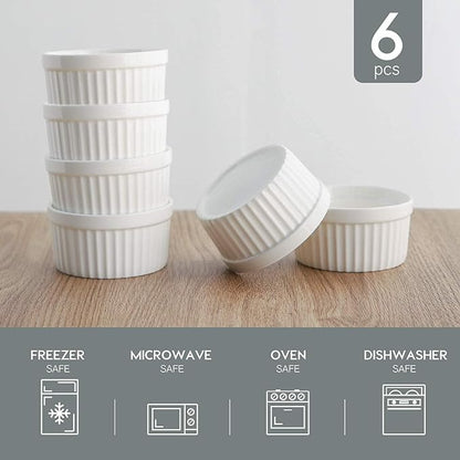 Samsle 6 oz Ramekins Set of 6, Porcelain Ramekins Dishes for Creme Brulee,Souffle, Lava Cakes, Pudding, Custard Cups for Baking and Dipping,Oven Safe, White 3.7 inch