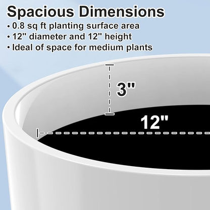 GameXcel Flower Pot Indoor - Outdoor Plant Pot - White Glossy Planter - Elegant Ceramics Imitation - 12" Diameter 12" Tall with Drainage Holes and Saucer 2 Pack