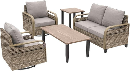 COOS BAY Modern Wicker Outdoor Furniture Set, Patio Conversation Set with Swivel Rockers, 2 Seat Loveseat, Coffee Table and Side Table, 5 Piece, Brown/Gray