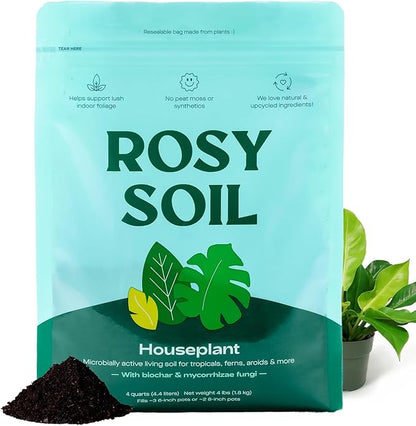 Rosy Soil Houseplant Potting Soil, Organic Indoor Potting Mix with Biochar and Worm Castings for Monstera, Pothos, Tropical Indoor Plants - Peat Free - 4qt