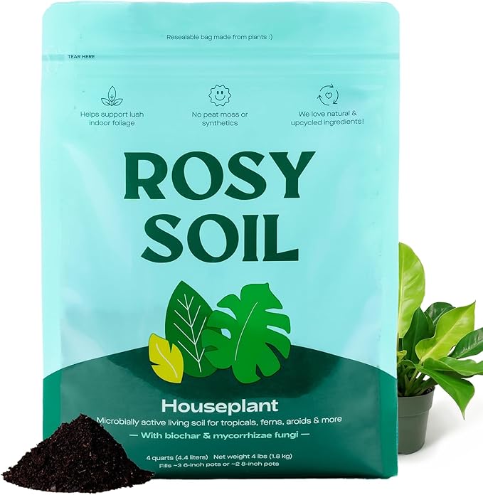 Rosy Soil Houseplant Potting Soil, Organic Indoor Potting Mix with Biochar and Worm Castings for Monstera, Pothos, Tropical Indoor Plants - Peat Free - 8qt