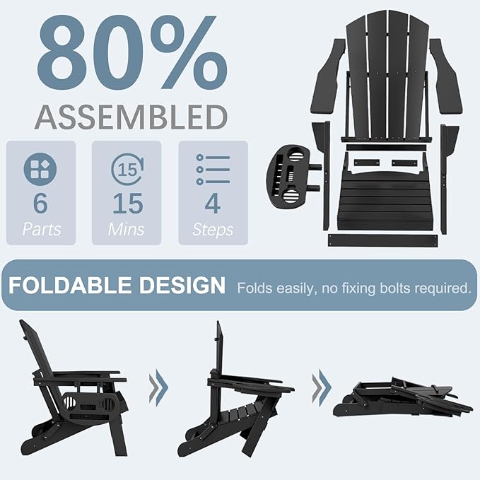 Adirondack Chair Set of 4, HDPE Folding Adirondack Chair with Multifunctional Cup Holder, Weather Resistant Fire Pit Chair for porches, patios, poolsides, Decks.