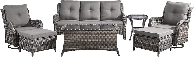 Wicker Patio Furniture-7 Pieces Rattan Patio Furniture Set Outdoor Patio Couch with Swivel Patio Chairs Ottomans and Coffee Table for Deck Poolside Backyard-Grey/Grey