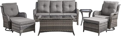 Wicker Patio Furniture-7 Pieces Rattan Patio Furniture Set Outdoor Patio Couch with Swivel Patio Chairs Ottomans and Coffee Table for Deck Poolside Backyard-Grey/Grey