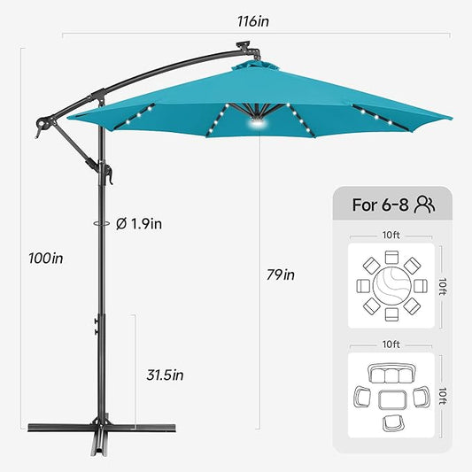 Solar Offset Patio Umbrella - 10 ft Solar Cantilever Umbrella Outdoor with 40 LED Lights and Cross Base, UV Protection for Garden, Deck, Backyard, Pool, Porch (Aqua Blue)