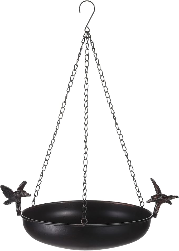 Hanging Bird Bath Feeder for Outdoor, 23" H Metal Birdbath with Cast Iron Bird Decor, Vintage Tray for Garden Yard Patio, Brown